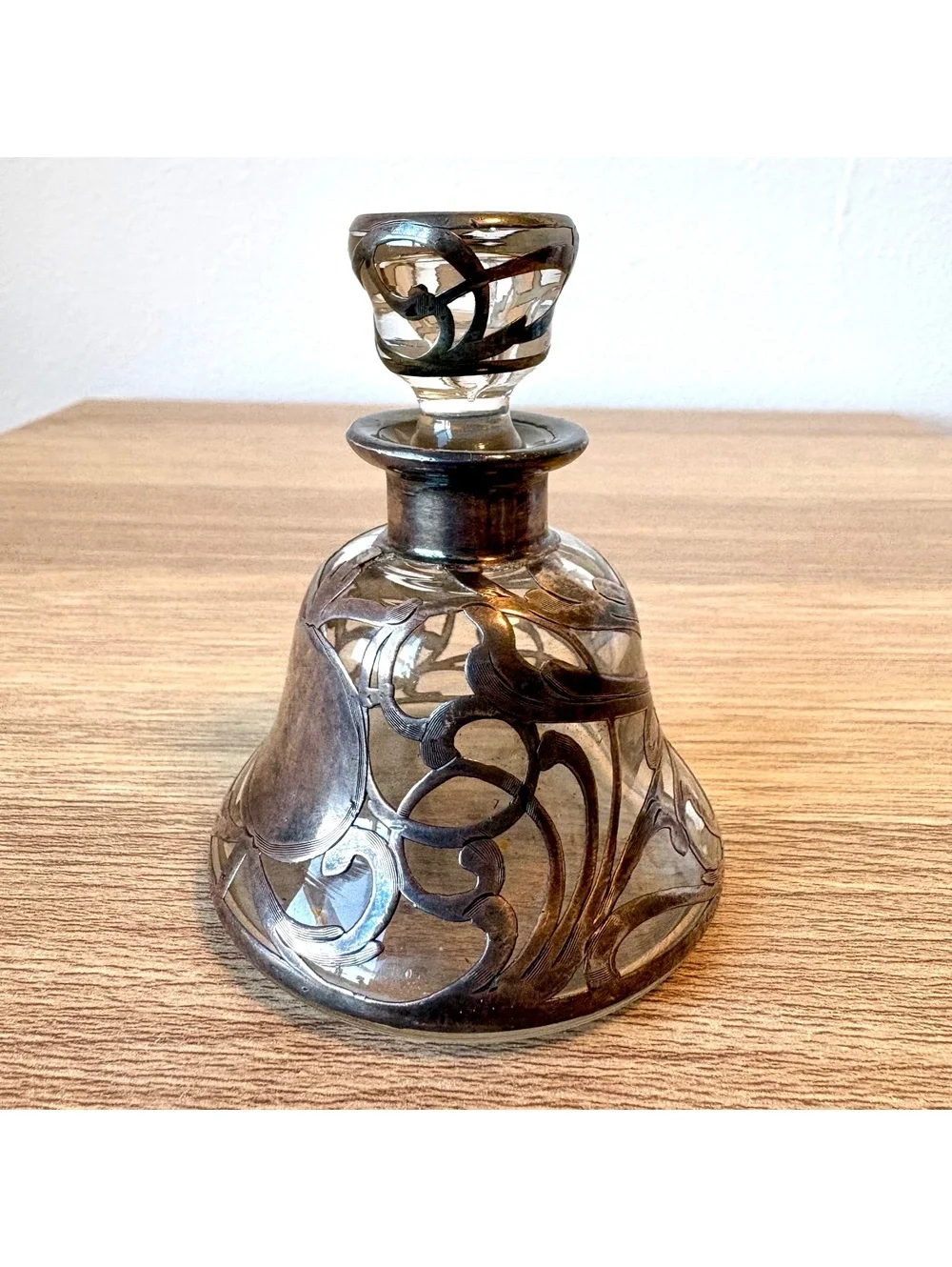 Antique 999 Fine Silver Overlay Perfume Bottle Decanter Glass Stopper